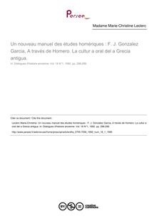Un nouveau manuel des études homériques : F. J. Gonzalez Garcia, A través de Homero. La cultur a oral del a Grecia antigua.  ; n°1 ; vol.18, pg 298-299