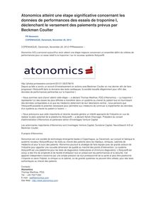 Atonomics atteint une étape significative concernant les données de performances des essais de troponine I, déclenchant le versement des paiements prévus par Beckman Coulter