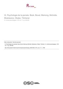Psychologie de la pensée. Book, Bovet, Meinong, Michotte, Moskiewicz, Okabe, Titchener - compte-rendu ; n°1 ; vol.17, pg 449-460