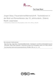 Jürgen Siesz, Frauenstimme/Männerschrift : Textrelationen in der Brief und Romanliteratur des 18. Jahrhunderts ; Diderot, Restif, Lespinasse  ; n°1 ; vol.18, pg 260-261