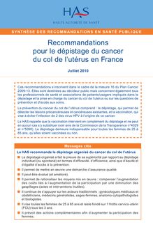 État des lieux et recommandations pour le dépistage du cancer du col de l’utérus en France - Recommandations pour le dépistage du cancer du col de l’utérus en France - Fiche de synthèse