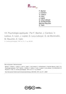 Psychologie appliquée : Par F. Bacher, J. Cambon, V. Ledoux, A. Leon, J. Leplat, G. Levy-Leboyer, G. de Montmollin, M. Reuchlin, E. Valin - compte-rendu ; n°1 ; vol.57, pg 260-281