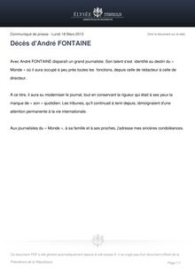 Communiqué de presse de l Elysée: Décès d André FONTAINE