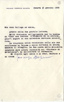 Carta de Michele Federico Sciacca a Alain Guy. Génova, 31 de Enero de 1960