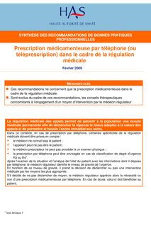 Prescription médicamenteuse par téléphone (ou téléprescription) dans le cadre de la régulation médicale - Téléprescription - Synthèse des recommandations