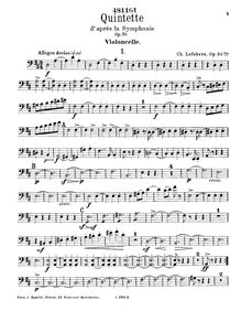 Partition de violoncelle, Piano quintette, Quintette pour piano, 2 violons, alto et violoncelle d’après la Symphonie en ré (op. 50), Op. 50bis, par Ch. Lefebvre