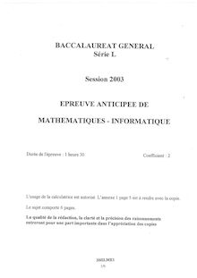 Mathématiques - Informatique 2003 Littéraire Baccalauréat général