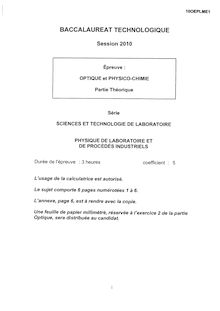 Optique et Physico Chimie 2010 S.T.L (Physique de laboratoire et de procédés industriels) Baccalauréat technologique
