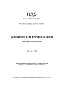 Complications de la diverticulose colique - Complications diverticulose colique - Synthèse des recommandations