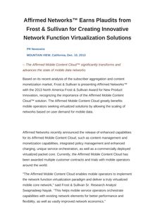 Affirmed Networks™ Earns Plaudits from Frost & Sullivan for Creating Innovative Network Function Virtualization Solutions