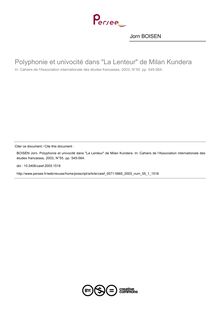 Polyphonie et univocité dans La Lenteur de Milan Kundera - article ; n°1 ; vol.55, pg 545-564