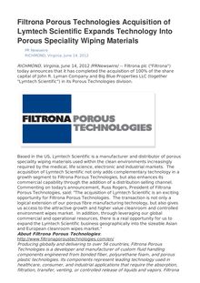 Filtrona Porous Technologies Acquisition of Lymtech Scientific Expands Technology Into Porous Speciality Wiping Materials
