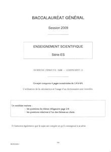 Sujet du bac ES 2009: Enseigement Scientifique