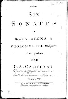 Partition parties complètes, 6 sonates pour 2 violons et Basso Continuo, Op.7