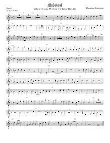Partition viole de basse 1, octave aigu clef, pour First Set of anglais Madrigales to 3, 4, 5 et 6 voix par Thomas Bateson