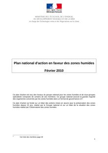 Plan national d action en faveur des zones humides.- Février 2010.