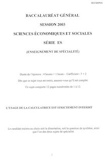 Sujet du bac ES 2003: Sciences Economiques Spécialité