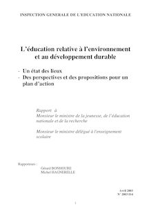 L éducation relative à l environnement et au développement durable : un état des lieux, des perspectives et des propositions pour un plan d action