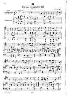 Partition complète, transposition pour low voix, Die Liebe hat gelogen, D.751 (Op.23 No.1)