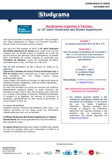 Studyrama organise le 12e salon des Études Supérieures à Vannes le 9 décembre 2017 