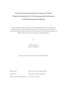 Corporate environmental governance in Ghana [Elektronische Ressource] : studies on industrial level environmental performance in manufacturing and mining / by Daniel Nukpezah