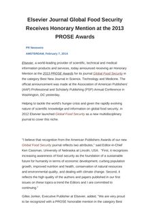 Elsevier Journal Global Food Security Receives Honorary Mention at the 2013 PROSE Awards