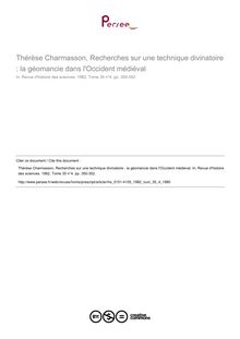 Thérèse Charmasson, Recherches sur une technique divinatoire : la géomancie dans l Occident médiéval  ; n°4 ; vol.35, pg 350-352