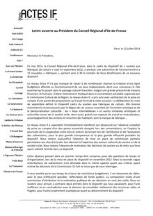 Lettre ouverte au président du Conseil Régional d Ile-de-France du réseau Actes if