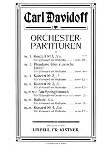Partition complète, violoncelle Concerto No.3, D major, Davydov, Karl
