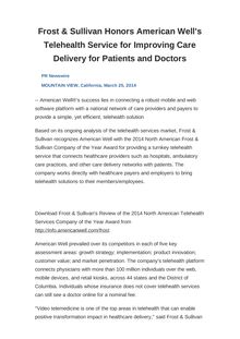 Frost & Sullivan Honors American Well s Telehealth Service for Improving Care Delivery for Patients and Doctors