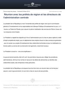 Communiqué de presse de l Elysée : Réunion avec les préfets de région et les directeurs de l administration centrale