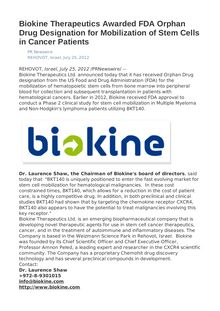 Biokine Therapeutics Awarded FDA Orphan Drug Designation for Mobilization of Stem Cells in Cancer Patients