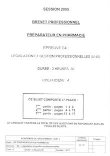 Legislation et gestion professionnelles 2005 BP - Préparateur en pharmacie