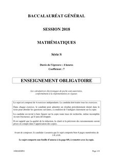 Mathémathiques. Série S. Annales Bac 2018. Pondichéry.
