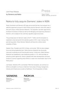 Télécoms : Siemens vend à Nokia ses 50% dans Nokia Siemens Networks (ENG)