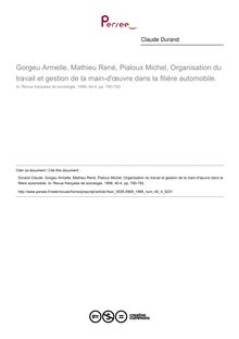 Gorgeu Armelle, Mathieu René, Pialoux Michel, Organisation du travail et gestion de la main-d œuvre dans la filière automobile.  ; n°4 ; vol.40, pg 790-792