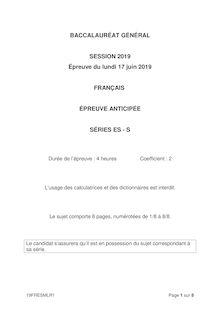 Sujet Bac Francais 2019 (ES S)