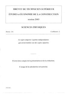 Sciences physiques 2003 BTS Étude et économie de la construction
