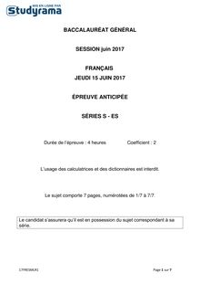 Sujet Bac ES, S 2017 - Français anticipé