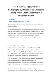Frost & Sullivan: Replacement of Radiography by Phased Array Ultrasonic Testing Drives Global Ultrasonic NDT Equipment Market