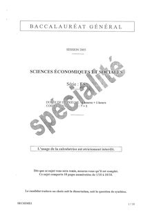 Baccalaureat 2005 sciences economiques et sociales (ses) specialite sciences economiques et sociales