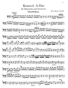 Partition violoncelles, clarinette Concerto, A major, Mozart, Wolfgang Amadeus