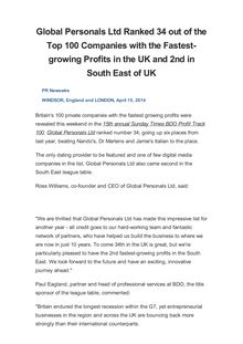 Global Personals Ltd Ranked 34 out of the Top 100 Companies with the Fastest-growing Profits in the UK and 2nd in South East of UK