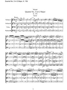 Partition complète, corde quatuor No.3, Divertimento, G major, Mozart, Wolfgang Amadeus