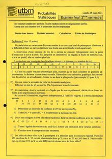 Probabilités et statistiques 2001 Tronc Commun Université de Technologie de Belfort Montbéliard