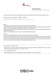 Les réunions de la Société de Pharmacie de Paris pendant les périodes troublées (1803-1946) - article ; n°313 ; vol.85, pg 17-26