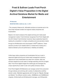 Frost & Sullivan Lauds Front Porch Digital s Value Proposition in the Digital Archival Solutions Market for Media and Entertainment