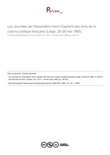 Les Journées de l Association Henri Capitant des amis de la culture juridique française (Liège, 25-28 mai 1965) - compte-rendu ; n°1 ; vol.18, pg 142-144