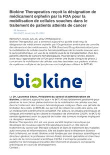 Biokine Therapeutics reçoit la désignation de médicament orphelin par la FDA pour la mobilisation de cellules souches dans le traitement de patients atteints de cancer