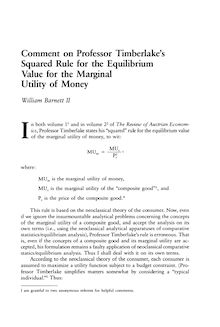 Comment on Professor Timberlake's Squared Rule for the Equilibrium  Value for the Marginal Utility of
